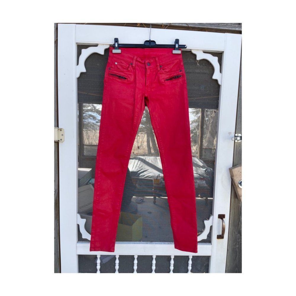 Ralph Lauren Denim & Supply Red Waxed Skinny Jeans Low Rise Moto Zip Pockets 25